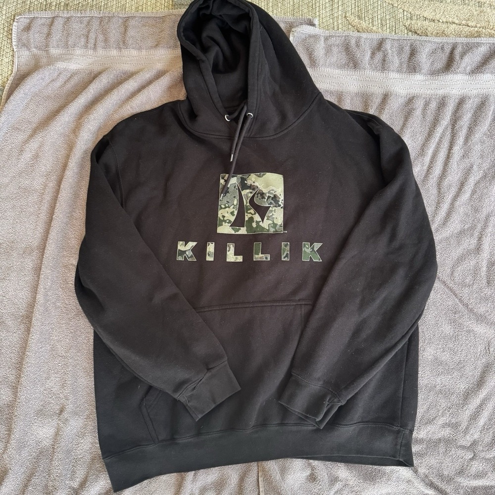 Killik Black Pullover Hoodie Camo Logo Men's 2XL Heavyweight Sweatshirt